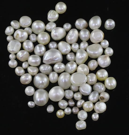78 loose undrilled assorted shaped natural pearls, gross weight 52.58cts with accompanying gem and pearl laboratory report dated 29/11/